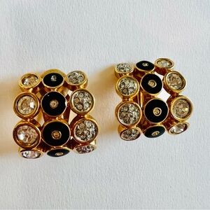Swarovski Vintage Signed Swan Clip On Statement Earrings Gold Black Crystal